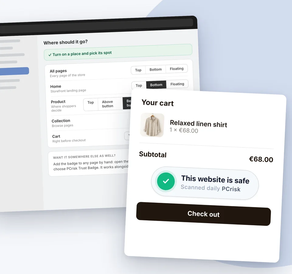 The app’s placement settings: home, product, collection and cart pages, each with its own spot, and the badge above the checkout button in a cart