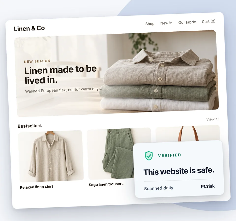 PCrisk Trust Badge floating in the corner of a Shopify store’s home page: a Verified badge that says This website is safe, scanned daily by PCrisk