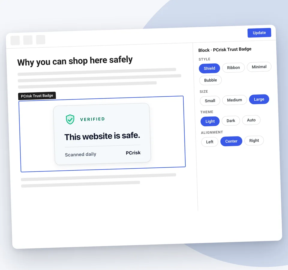 The block editor with the PCrisk Trust Badge block selected in a page, and the block settings for style, size, theme and alignment