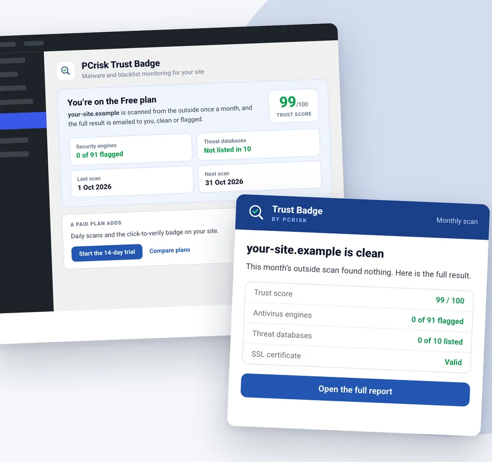 The PCrisk Trust Badge plugin in wp-admin on the free plan: trust score 99 of 100, 0 of 91 engines flagged, not listed in 10 threat databases, and the monthly scan result email saying the site is clean