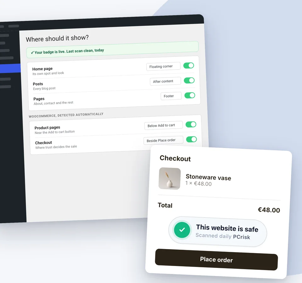 The plugin’s placement settings: home page floating, posts after content, pages in the footer, and WooCommerce product and checkout placements, with the badge above the Place order button in a checkout