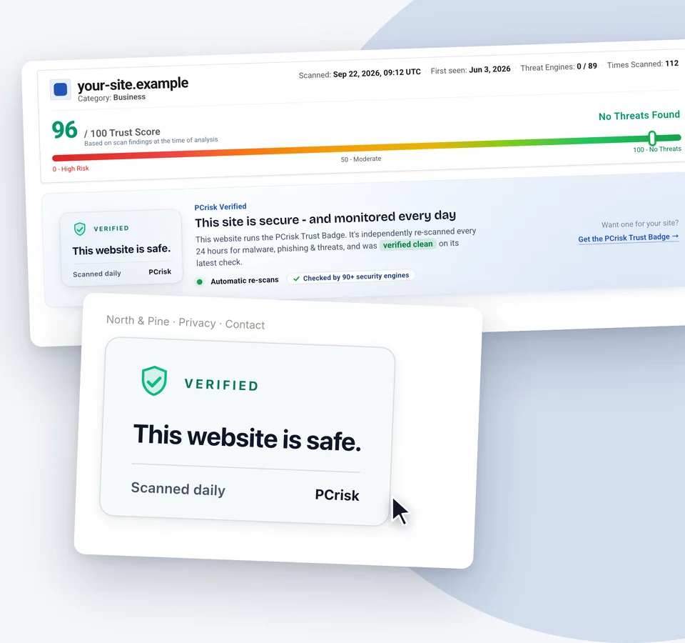 A visitor clicking the badge, and the public scan report it opens: trust score 96 of 100, no threats found, and the PCrisk Verified note