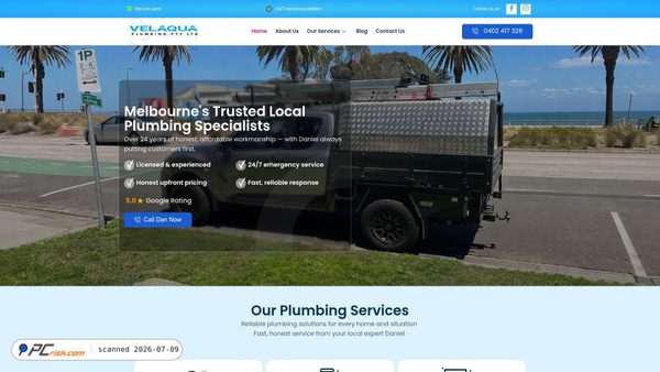 velaquaplumbing.com.au screenshot